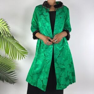 Women's Vintage 50's Emerald Floral Classy Beaded Fux Fur Satin Long Coat / S/M